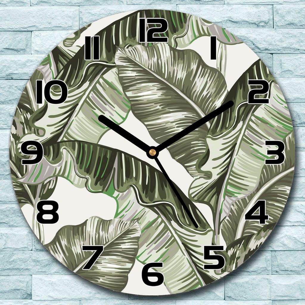 Wanduhr aus Glas Rund fi 30 Bananenblätter Kunst Quarz Deko Schlafzimmer Büro