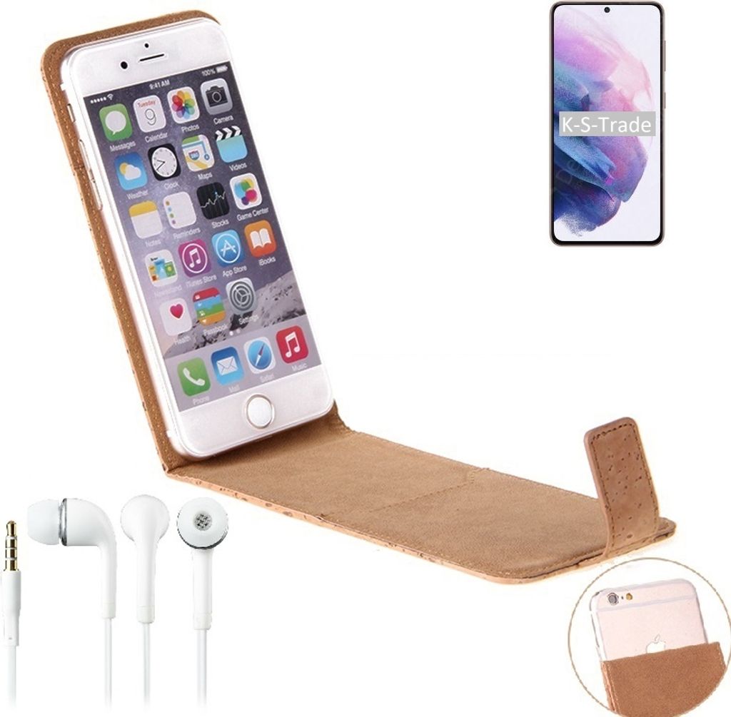 K-S-Trade Schutzhülle mit Kopfhörer kompatibel mit Samsung Galaxy S21 5G Exynos Handyhülle Cover Kork Tasche Flipstyle Case