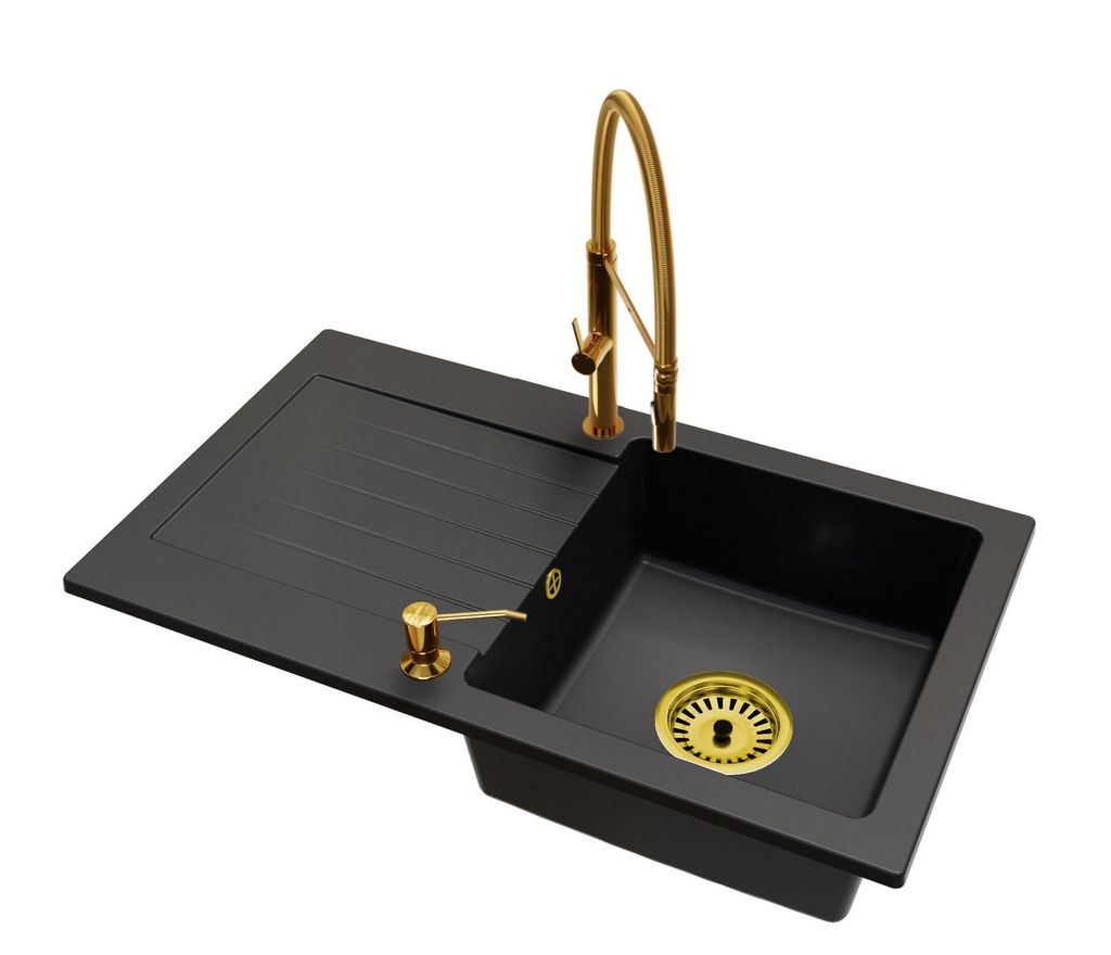 Granit Küchenspüle LEON Einbecken mit Abtropffläche inkl. Armatur Full Gold, Seifenspender und Raumsparsiphon