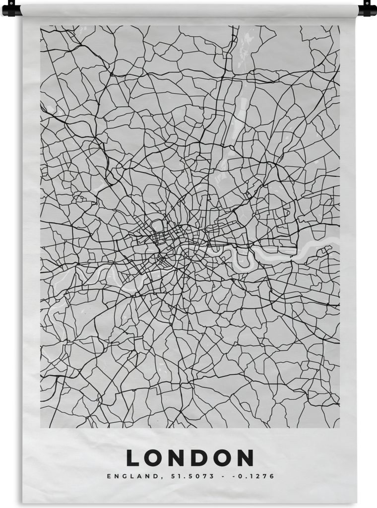 MuchoWow Wandteppich Wandbehang London - Stadtplan - Schwarz und Weiß - Karte 60x90 cm Tapisserie Dekoration Wandtuch - Foto-Teppich - Abwaschbar