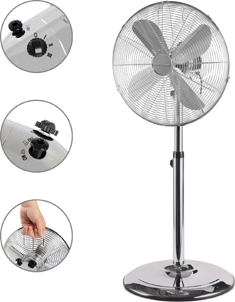 A chrome standing fan is shown against a white background, with three inset images detailing its controls and assembly.
