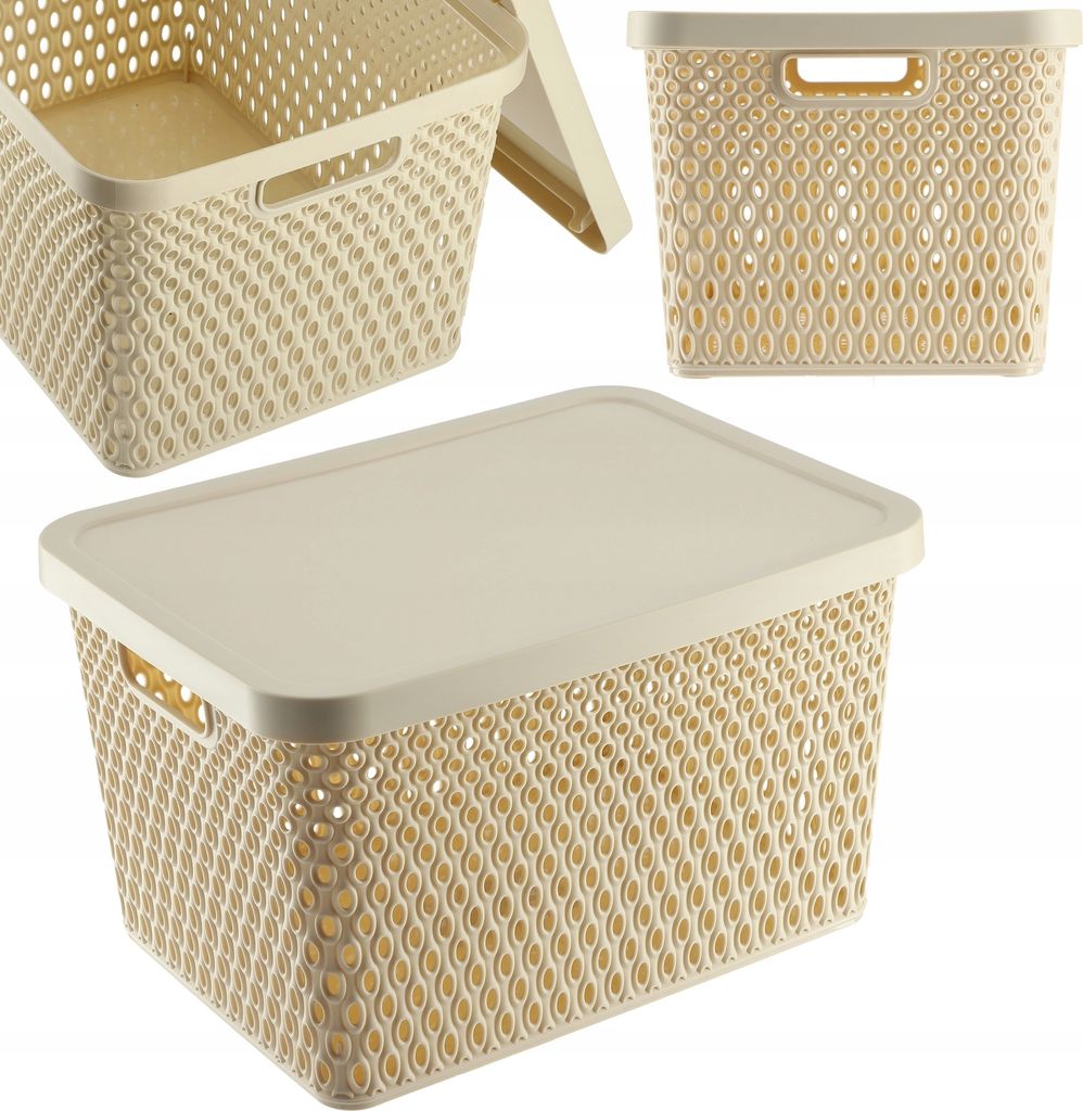 KADAX Aufbewahrungskorb, Korb mit Deckel, Aufbewahrungskiste, Aufbewahrungsbox aus Plastik (18L, Beige)