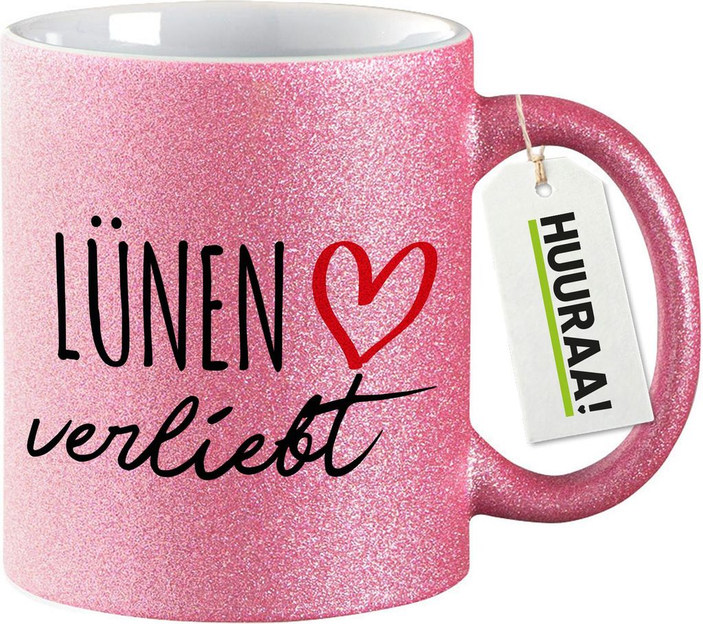Huuraa Glitzertasse Lünen verliebt 330ml Pink Keramik Kaffeebecher Geschenkidee