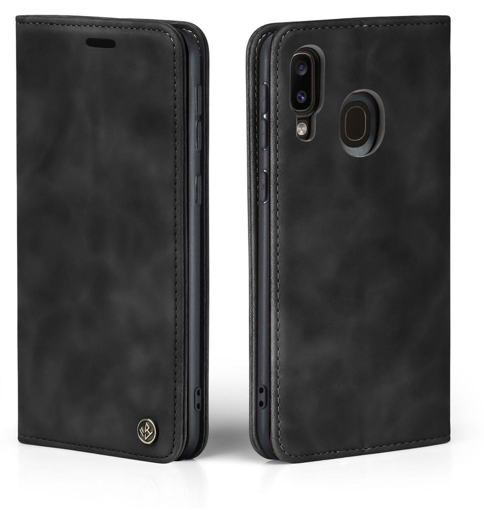 A black flip case for a Samsung Galaxy A40 phone, shown from the front and back.