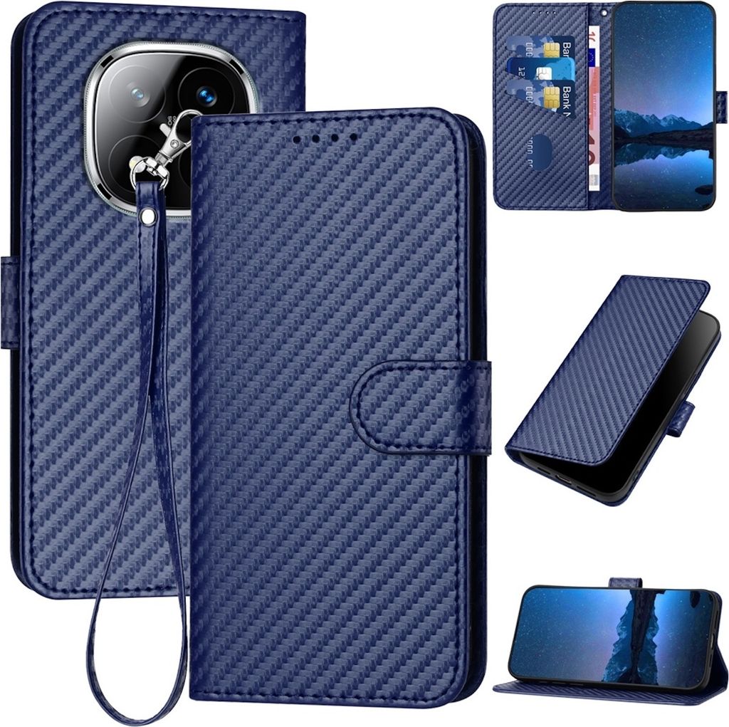 Für Xiaomi Redmi Note 14 Pro Plus 5G Carbon Fiber Kunstleder Hülle mit Lanyard Dunkelblau