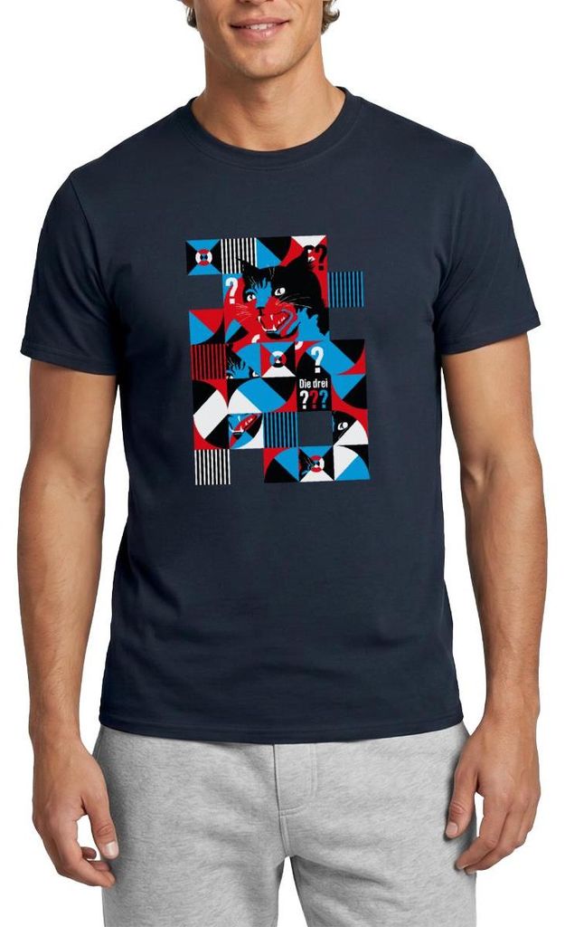 Spreadshirt Die Drei Fragezeichen Abstraktes Katzen Design Männer T-Shirt, L, Navy