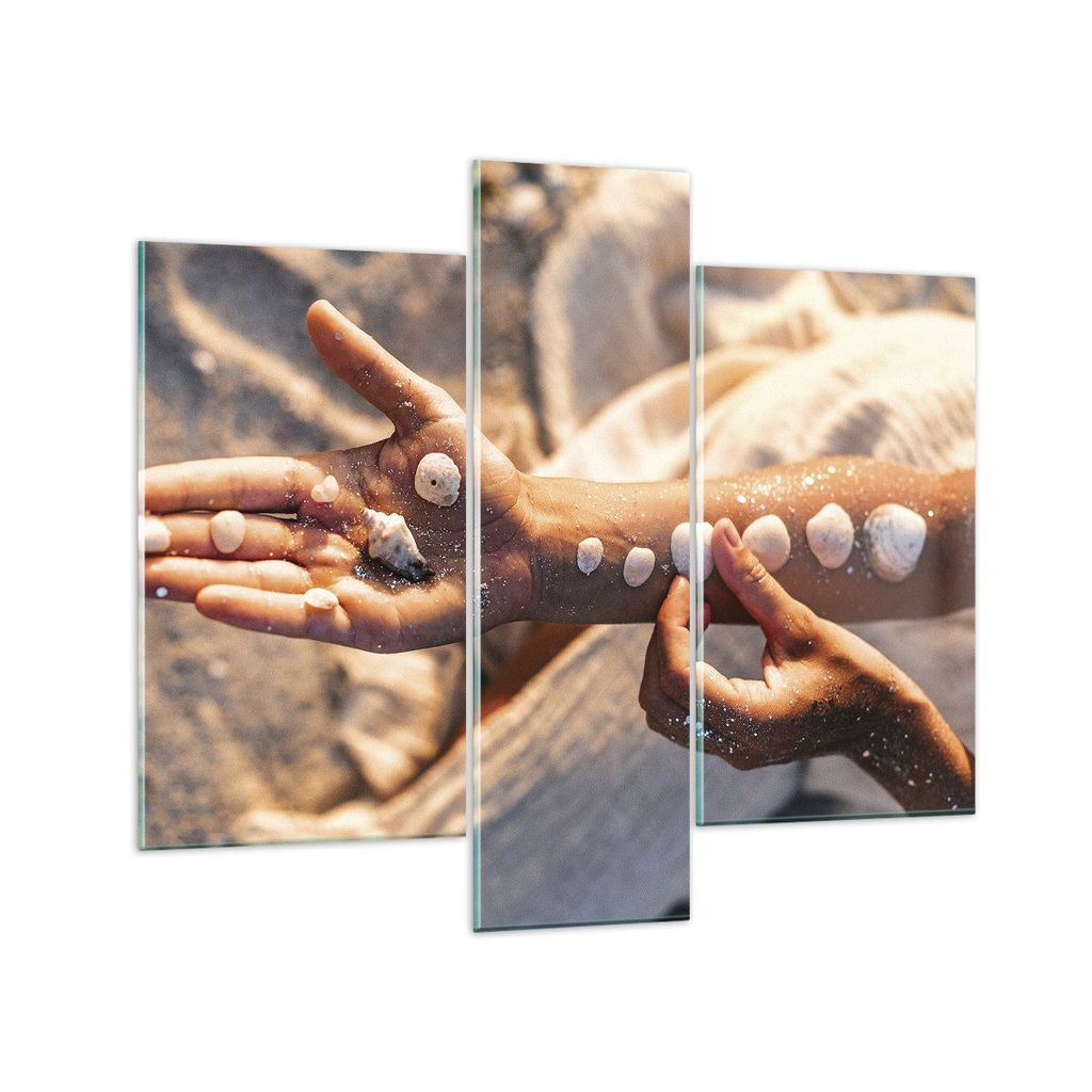Bilder auf glas - 3 Teile - Muschel Hand Strand - 95x80cm - Glasbilder - Wandbilder - Bilder - zum Aufhängen bereit - Wanddekoration aus Glas - Gl...