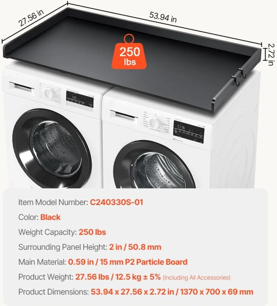 Tablette de recouvrement noire pour machine à laver et sèche-linge