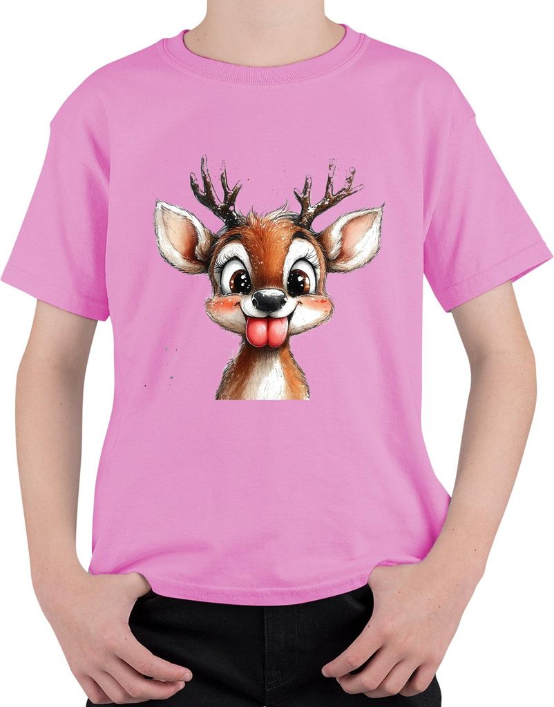 Rentier Frech Zunge raus Niedlich Weihnachten Kinder Retro Uni Kinder T-Shirt, Pink, 152