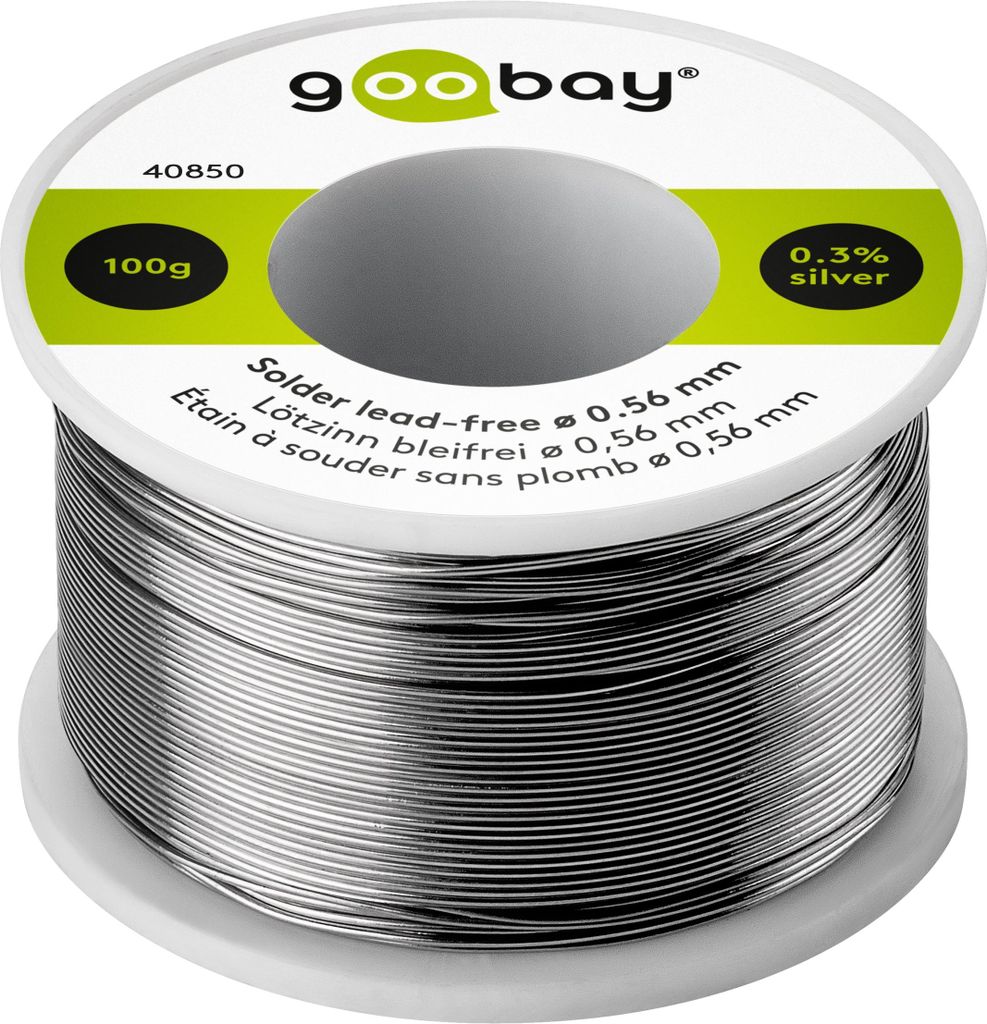 Goobay Lötzinn bleifrei, ø 0,56 mm, 100 g - Zusammensetzung: 0,3 % Silber, 0,7 % Kupfer, 96,5 % Zinn, Flußmittelanteil: 2,5 %, Schmelzpunkt 217° C
