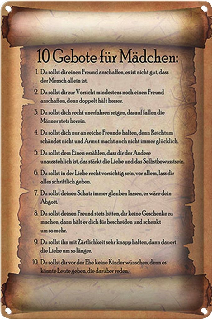 Blechschild Spruch 20x30cm 10 Gebote für Mädchen du sollst