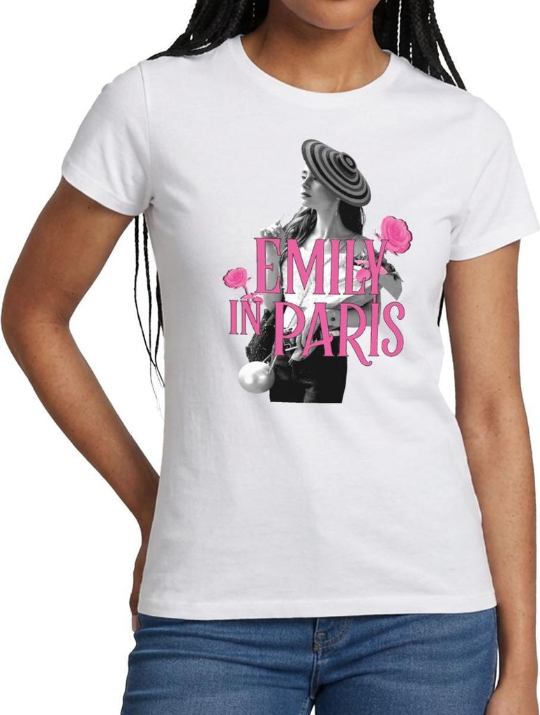 Spreadshirt Emily In Paris Emily Logo Mit Rosen Frauen T-Shirt, L, Weiß