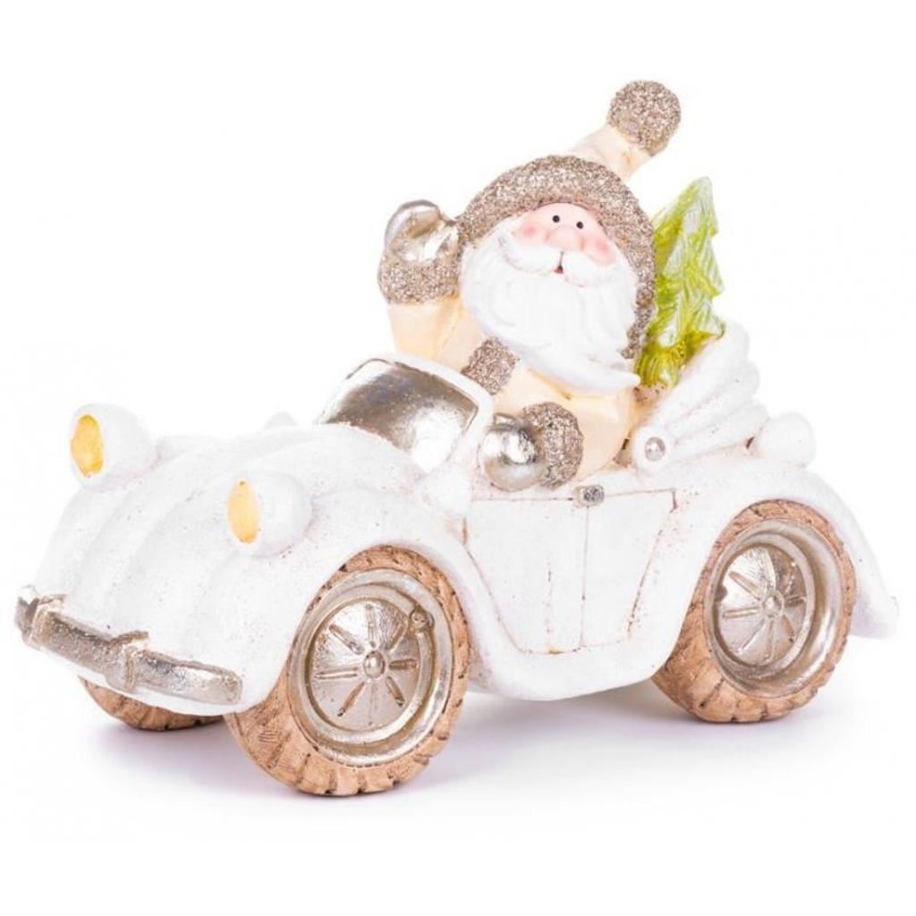 Weihnachtsdekoration, Keramik, Weihnachtsmann im weißen Auto, 46,5x19,5x31,5 cm
