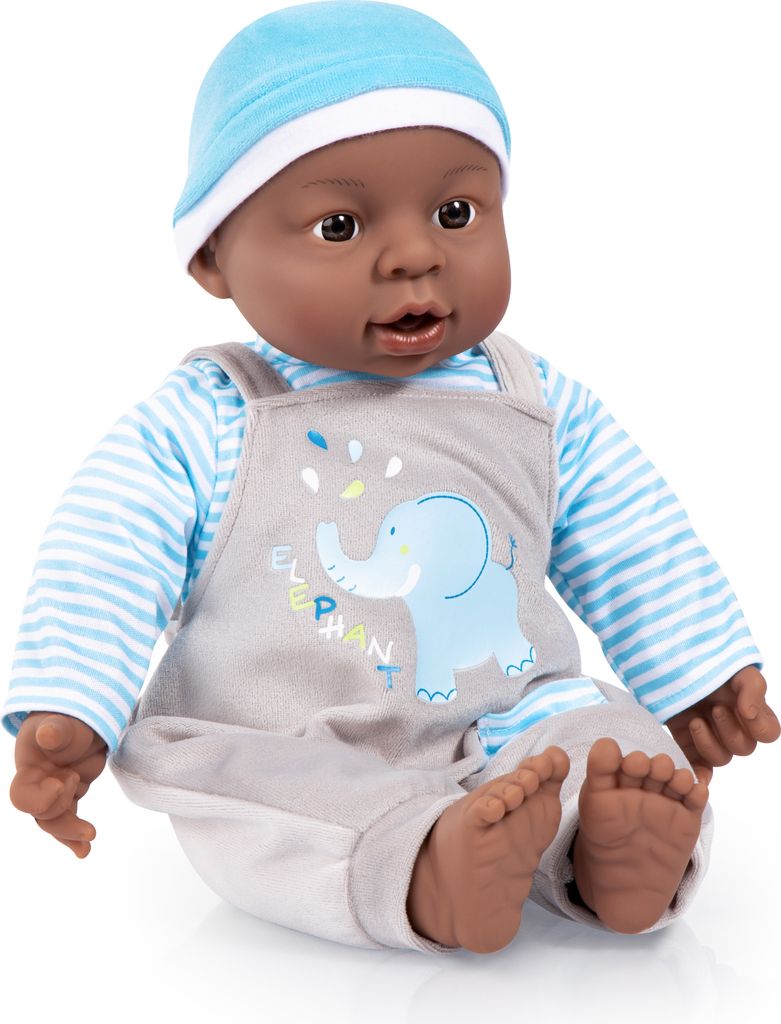 Bayer Design 94001AH Funktionspuppe, Babypuppe Interactive Boy, Junge, 12 Babylaute, 40cm, dunkelhäutig, mit Ringellocken, weicher Körper