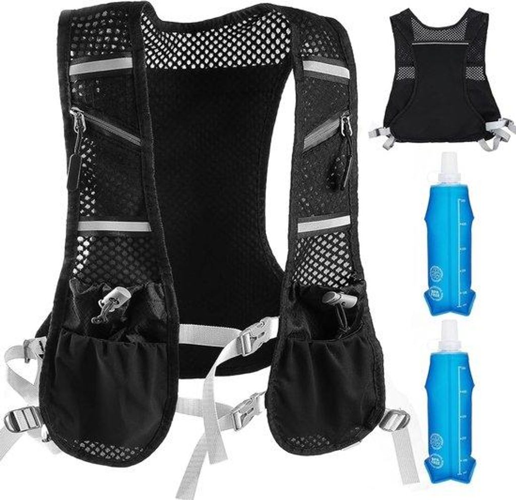 Laufweste für Damen und Herren - verstellbare Trinkrucksackweste - ultralichtes Laufweste mit 2 Trinkflaschen 500 ml - reflektierende Laufweste