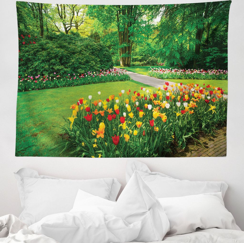 ABAKUHAUS Frühling Wandteppich, Garten mit Tulpen Bäume aus Weiches Mikrofaser Stoff Waschbar ohne Verblassen Digitaldruck, 150 x 110 cm, Grün u...