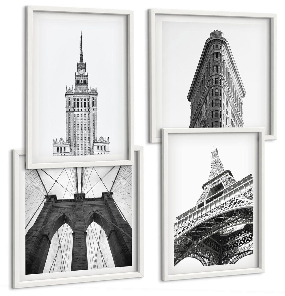 Bilder Set 4-teilig im Goldrahmen Rahmen – Wandbilder 4 Stück – gerahmte Poster für Wohnzimmer, Schlafzimmer und Flur – 50x50 cm - 40x60 cm...