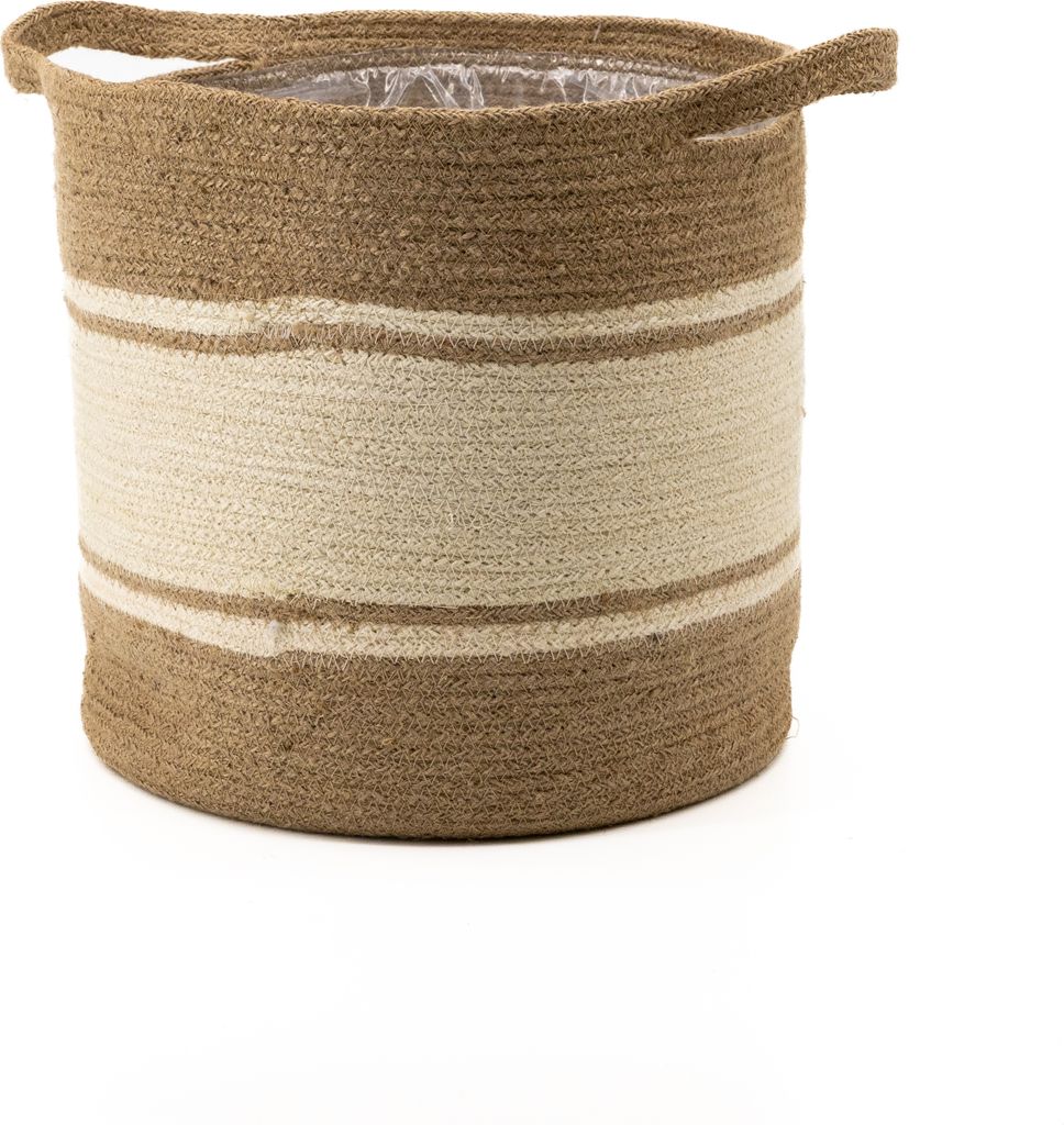 Korb rund natur und creme-weiß mit Henkel Ø 21 x 18cm Pflanzkorb mit Einsatz Blumentopf geflochten Aufbewahrungskorb Über-Topf Regal-Körbe