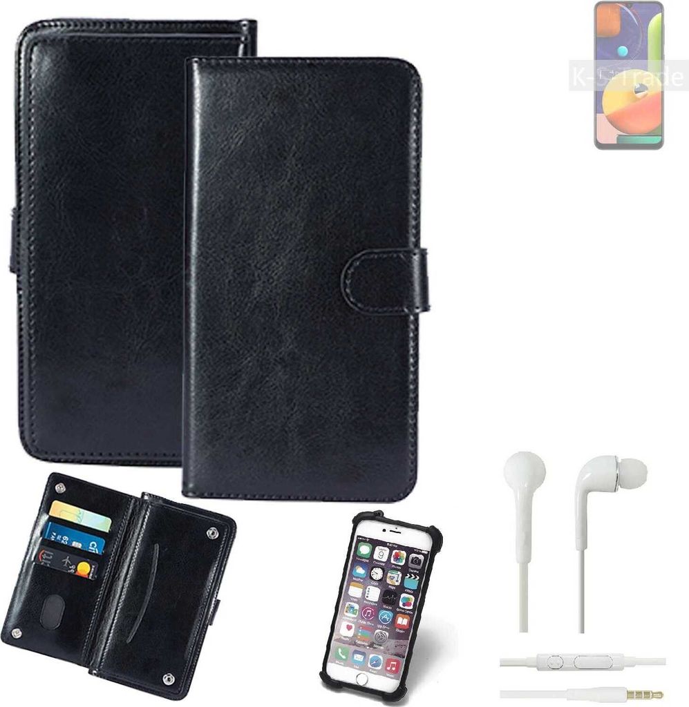 K-S-Trade 360° Hülle kompatibel mit Samsung Galaxy A50s inkl. Headphones schwarz Kunstleder Case BookCase WalletCase Kunstlederederhülle