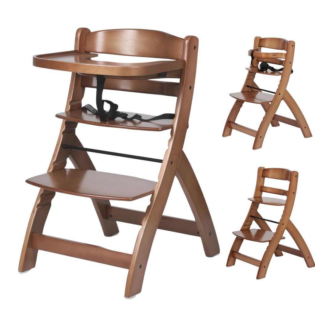 Born Lucky Hochstuhl Baby – Höhenverstellbarer Holz-Hochstuhl mit Ess-Tablett - Mitwachs-Kinderstuhl ab 6 Monaten bis max. 70 kg - Walnuss