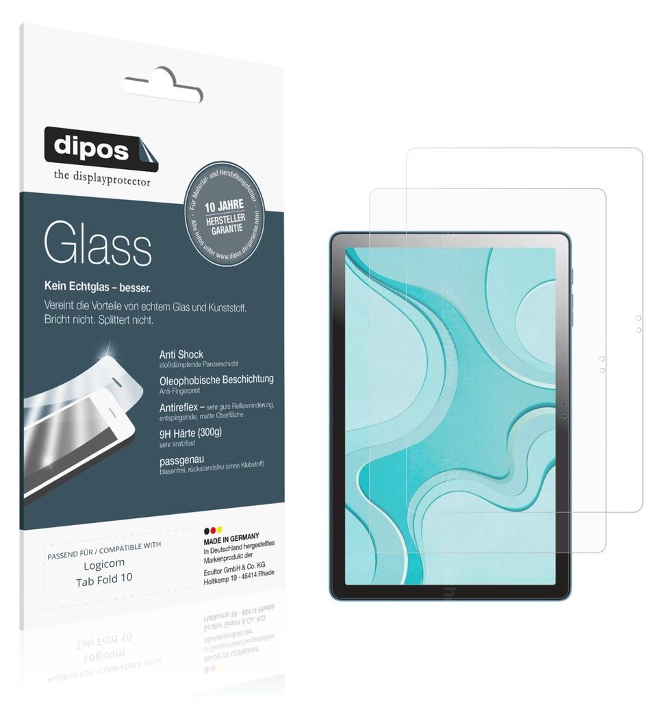 2x Schutzfolie für Logicom Tab Fold 10 matt - Anti-Shock 9H Folie dipos Glass Kunststoffglas