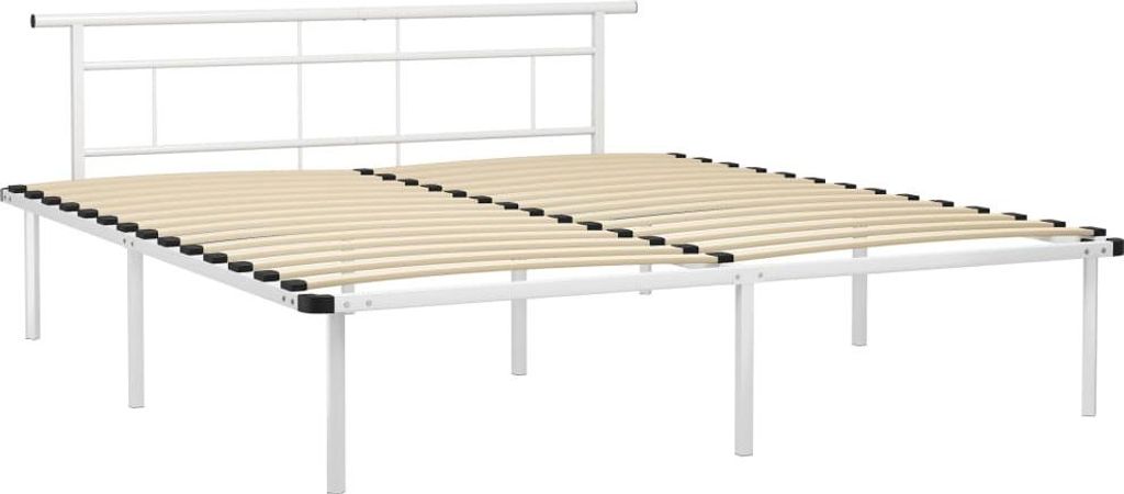 A white metal bed frame with wooden slats, shown from a side angle against a white background.