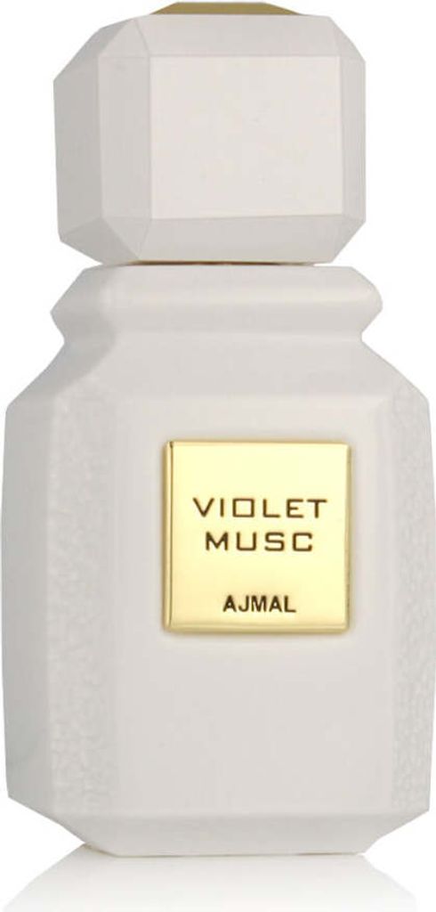 A white perfume bottle with a gold label.