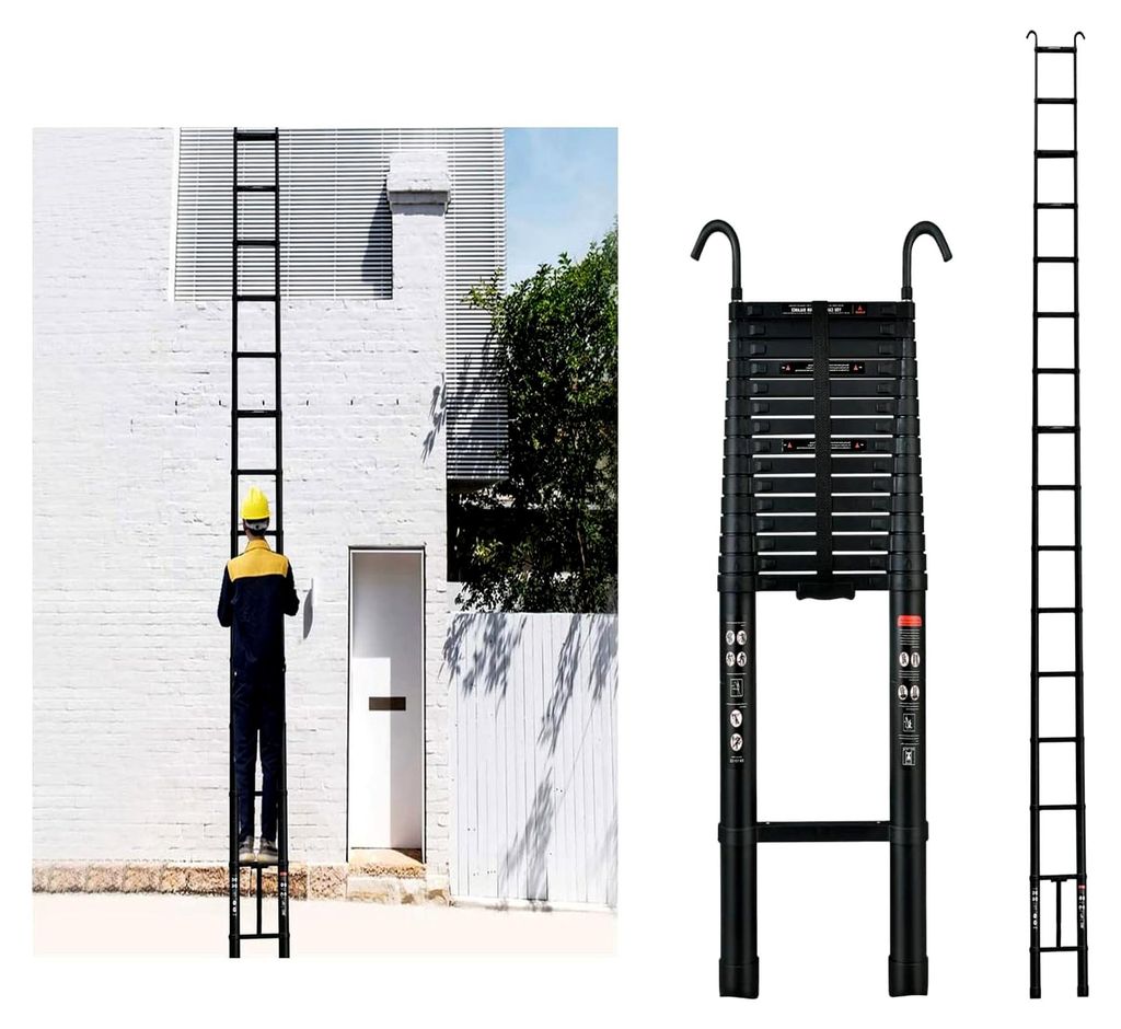 Teleskopleiter mit Haken, 6,2 m Aluminium Ausziehleiter mit Verriegelungsmechanismus, 150 kg Max zusammenklappbare Leiter, Mehrzweck-Industrie-Komp...