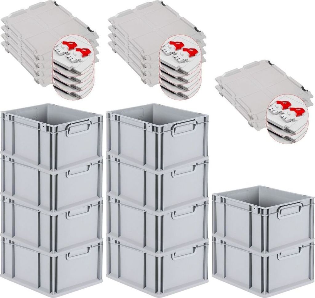 SuperSparSet 10x Eurobox NextGen Grip mit Scharnierdeckel und roten Schiebeschnappverschlüssen | HxBxT 22x30x40cm | 20 Liter | Griffe geschlossen ...