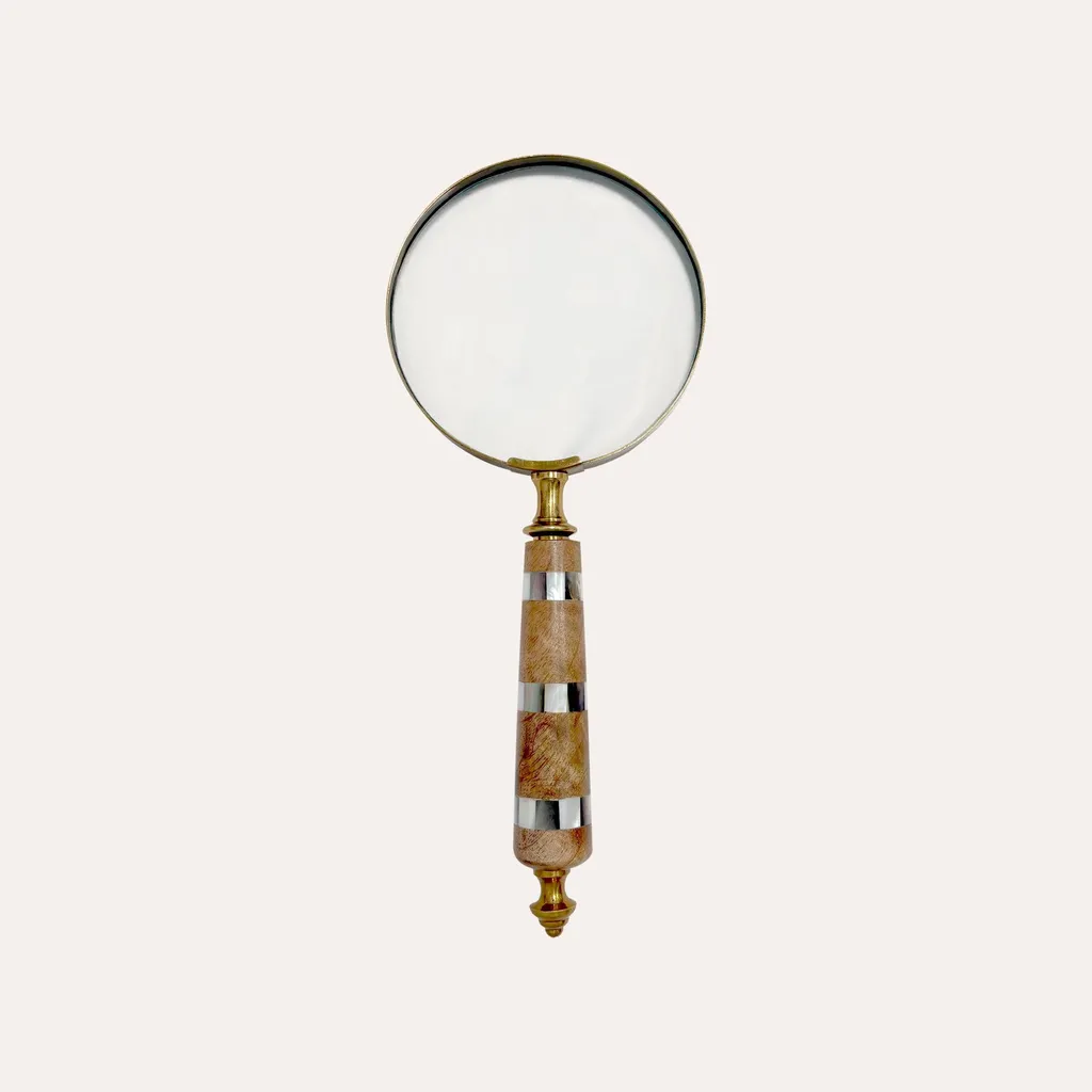 Loupe à main 25x10 cm en bois et métal avec frise de style vintage