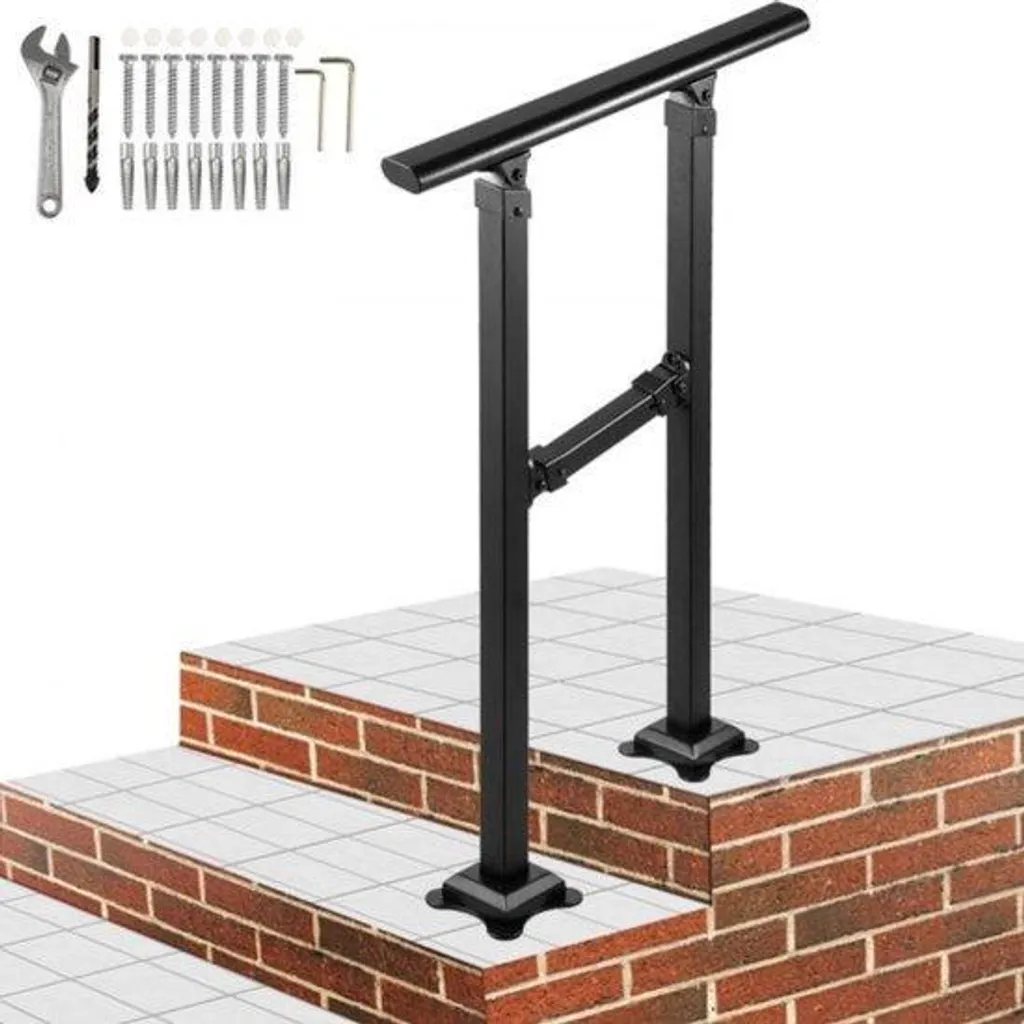Système d'escalier en béton avec rampes réglables en fer forgé noir