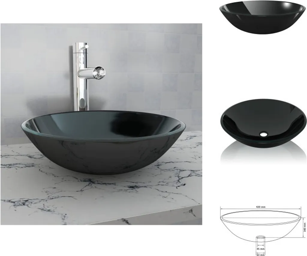Lavandino Bagno Nero Vetro Temperato 42cm vidaXL - Design Luxury
