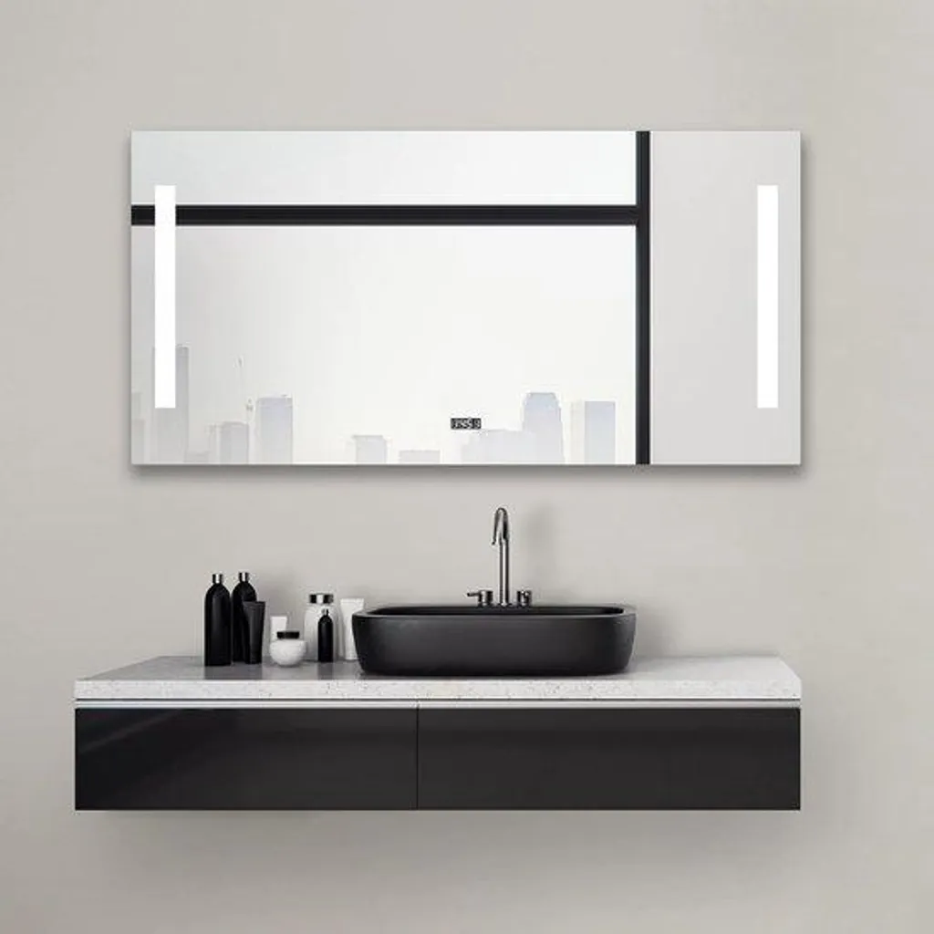 Miroir éclairant 4200 K et horloge digitale, format 120x60 cm anti-buée