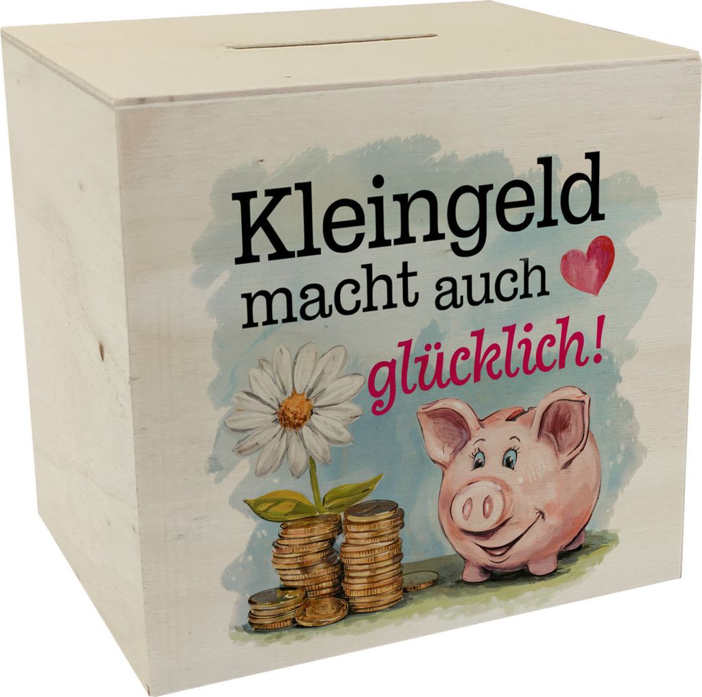 Kleingeld macht glücklich Spardose aus Holz