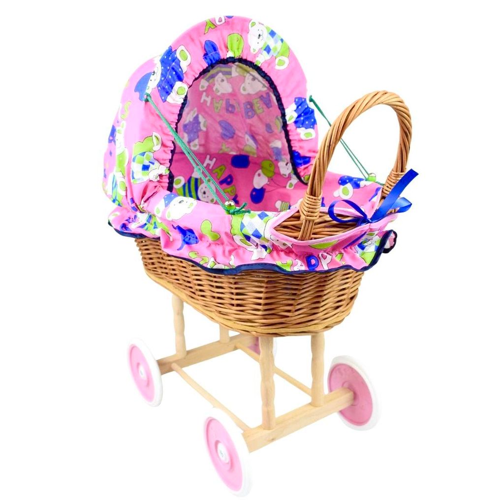 Wicker doll pram - pink pattern teddy bear
