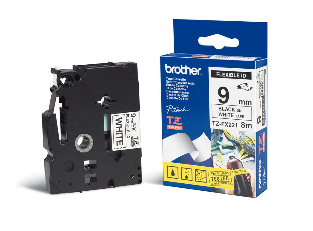 Brother TZ-FX221 DirectLabel schwarz auf weiss Laminat 9mm x 8m für Brother P-Touch TZ 3.5-18mm 6-12mm 6-18mm 6-24mm 6-36mm