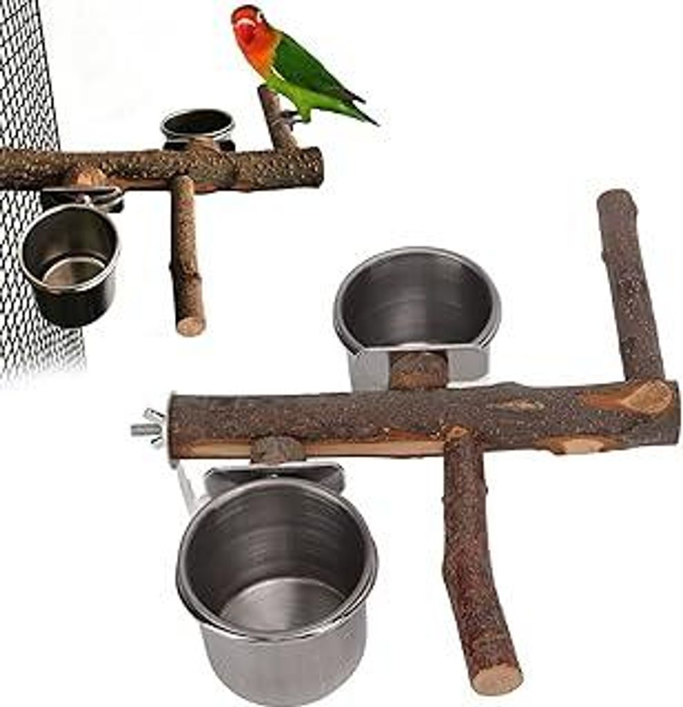 Vögel Futternapf 22cm Papageien Holz Ständer und Edelstahl Napf, Futterspender Sitzstangen Kombinations Vogelkäfig Feeder für Kleine Mittelgro...