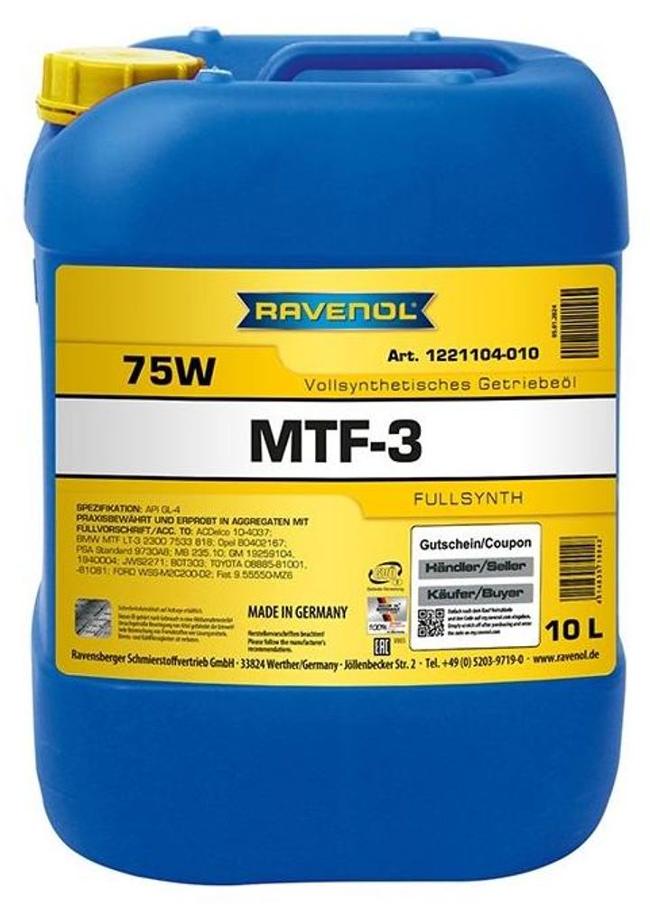 RAVENOL 1221104-010-01-999 MTF-3 Getriebeöl Vollsynthetiköl 75W für Schaltgetriebe 10L