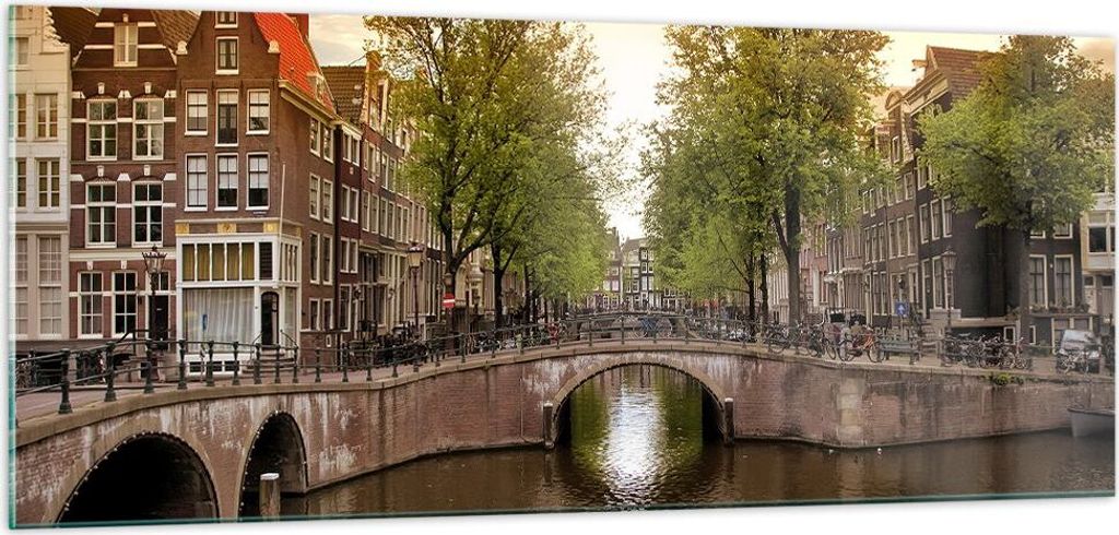 Bilder auf glas - Kanal Wasser Amsterdam Fahrrad - 100x40cm - Glasbilder - Wandbilder - Kunstdruck - zum Aufhängen bereit - Wanddekoration aus Gla...