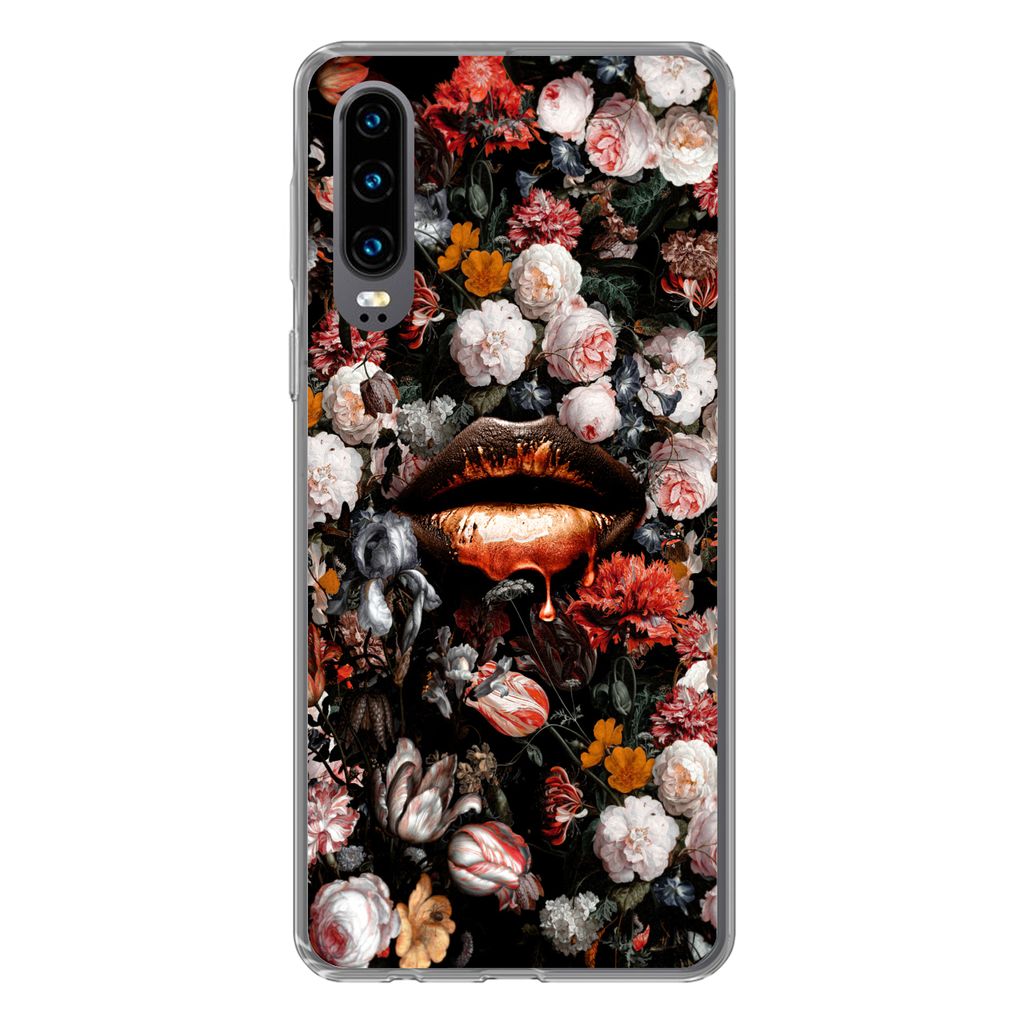 MuchoWow Handyhülle Schutzhülle Hülle für Huawei P30 Lippen - Blumen - Farbe - Orange - Kunst - Abstrakt - Alte Meister Silikon Softcase Hand...