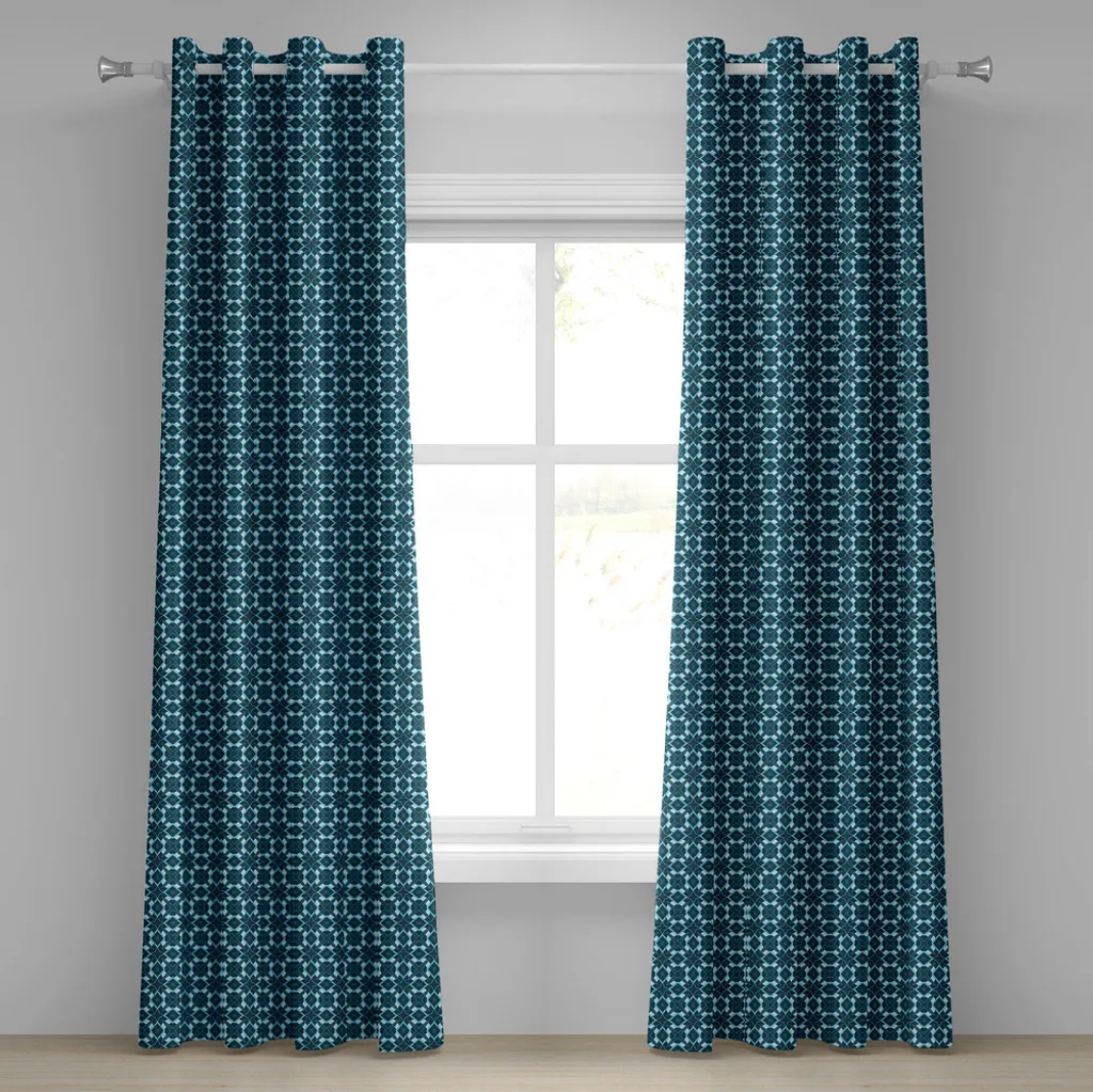 Rideau bleu vintage motif étoiles et losanges, 280x245 cm, œillets