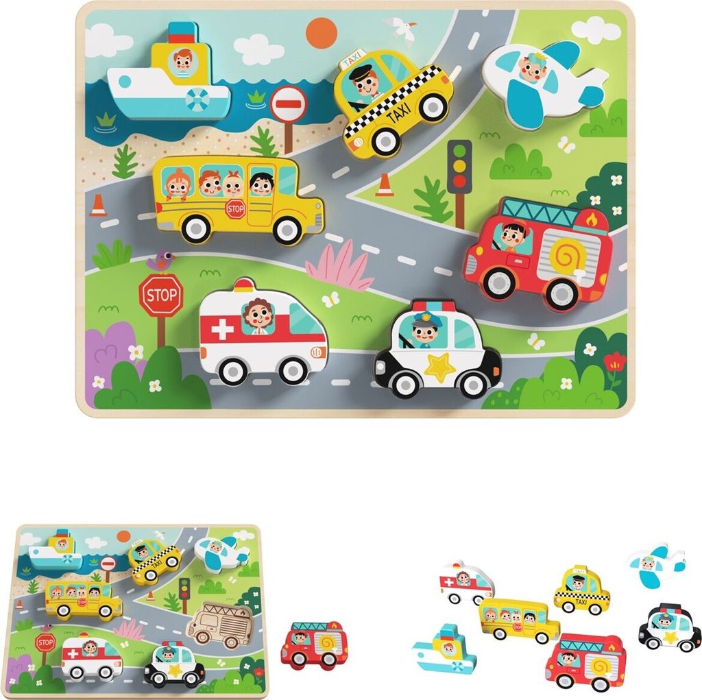 Tooky Toy Holz-Montessori-Puzzle, Fahrzeuge, Autos, Flugzeug, Schiff, Stadt, passende Formen