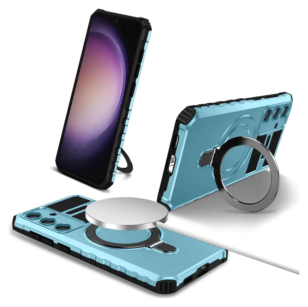 Cover MagSafe Samsung Galaxy S24 Azzurra: Dual Layer con Ring Stand