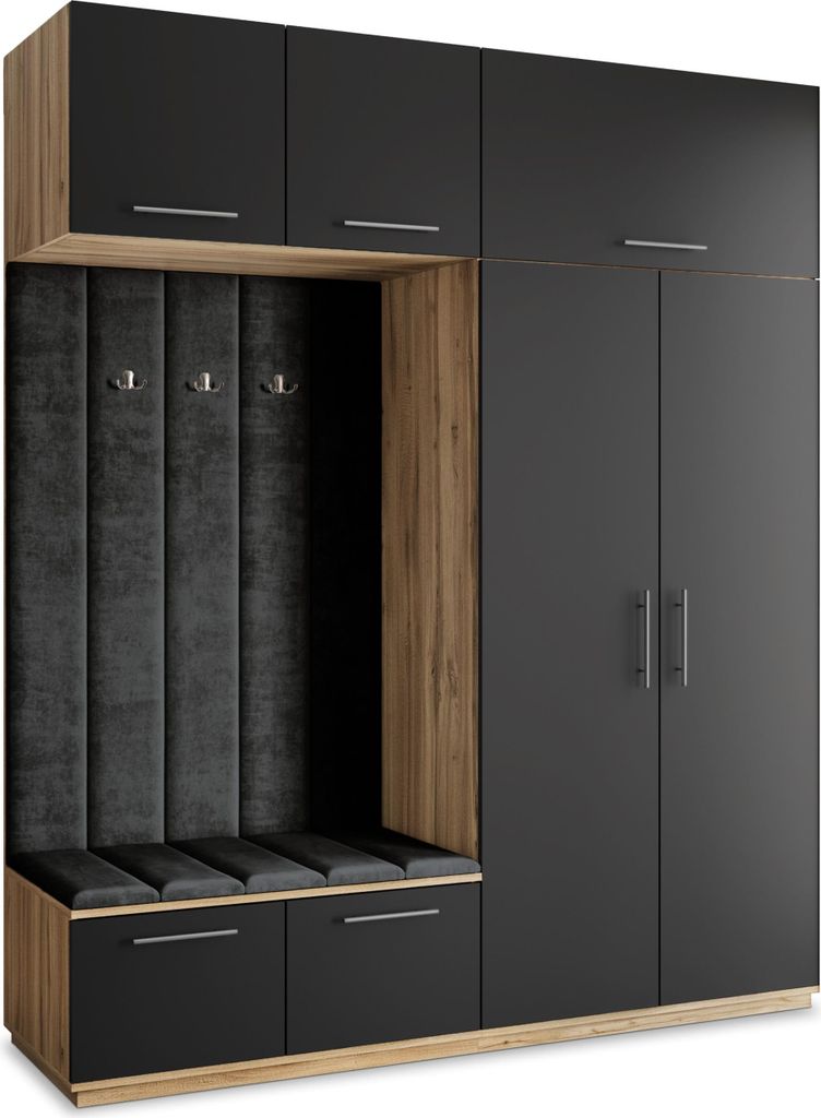 Masseno Garderobe-Set REMA 200/240/60 cm Modern Garderobenschrank Eiche Wotan, Veloursstoff MONOLITH 95 (Schwarz)