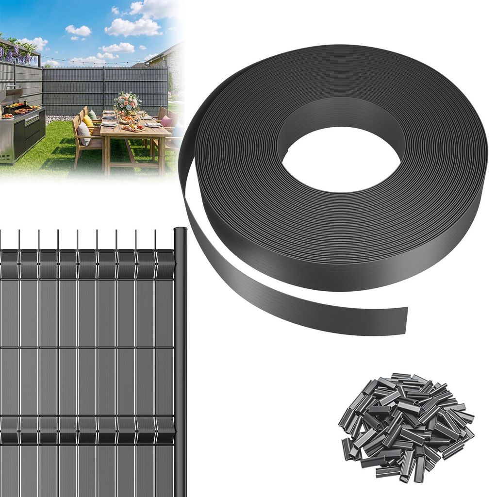 XMTECH PVC Sichtschutzstreifen 4,7 cm, Zaun Sichtschutzstreifen UV-beständig Wetterfest mit Clips, Zaun Sichtschutz Garten Balkon Terrasse, 65m, Grau