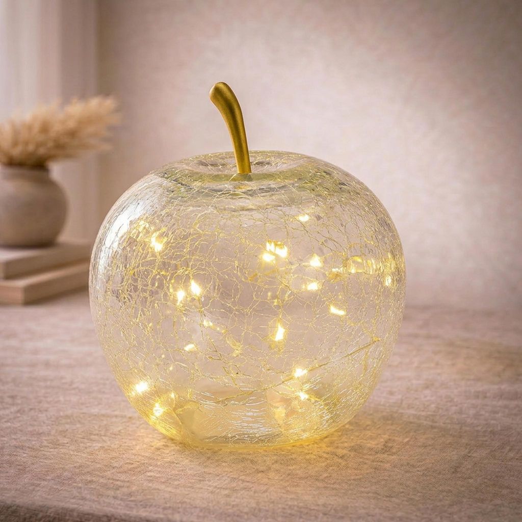 Apfel & 20er LED Licht & Timer Glas Dekoapfel transparent Ø 16 cm