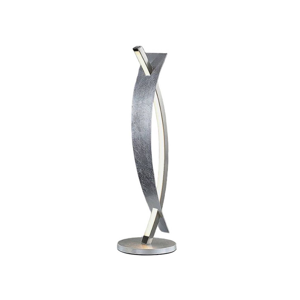 A modern, silver LED table lamp with a twisted design.
