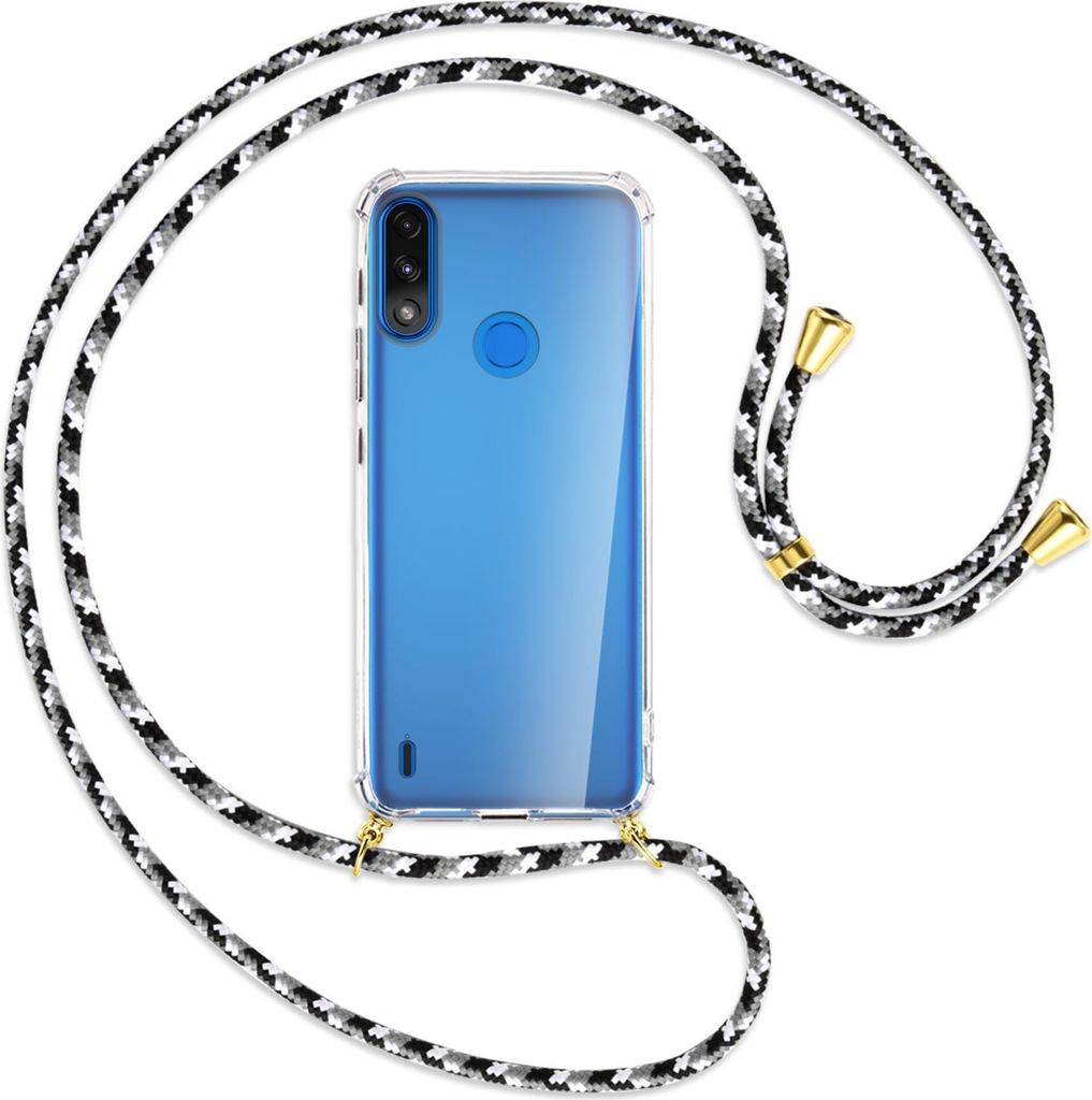 Handykette Backcover-Schutzhülle mit Band (Metall goldfarben) für Motorola Moto E7 Power, E7i Power - schwarz/grau/weiß