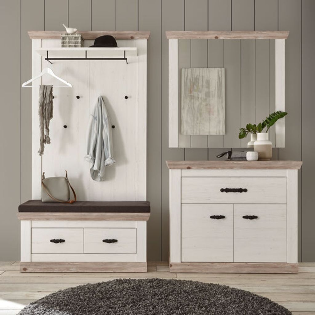 Garderobe Florenz 214cm pinie weiß oslo pinie Sitzbank Kissen Kommode Paneel