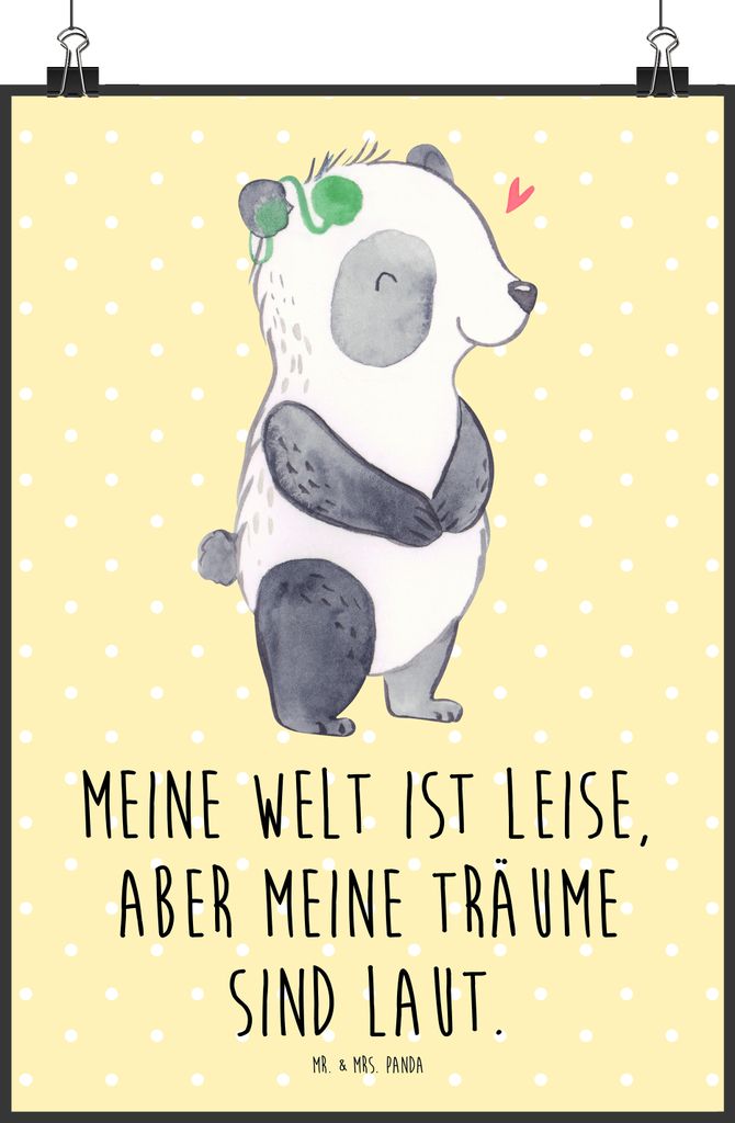 Mr. & Mrs. Panda Bild Panda Gehörlos DIN A1 - Gelb Pastell - Geschenk, Wandbild, Plakat, Posterdruck, wanddeko, Cochlea Implantat, drucke, Ertaubt